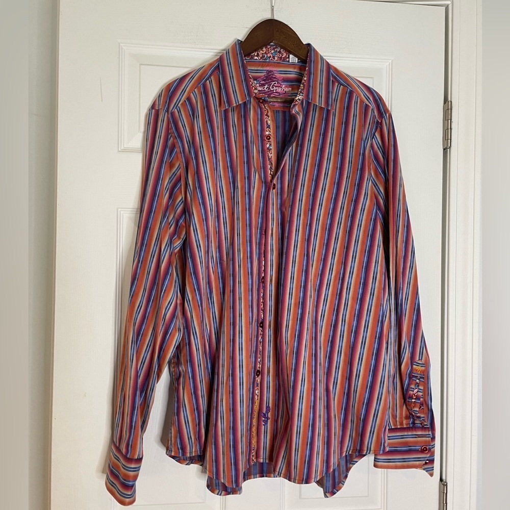 ROBERT GRAHAM CLASSIC STRIPED BUTTON FRONT SHIRT WITH ALTERNATE TRIM - 2XL